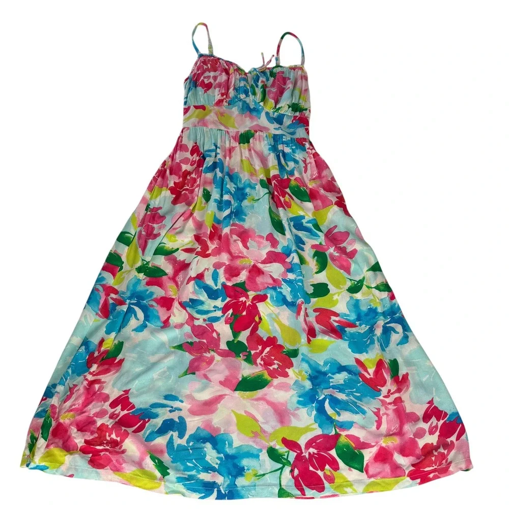 Old Navy Womens XS Floral Midi Dress Pink Blue Smocked Back Pockets Sundress - Picture 3 of 12